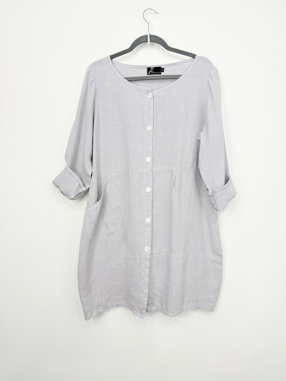 Fenini Light Gray 100% Linen Lagenlook Midi Lightweight Button Up Coat Dress